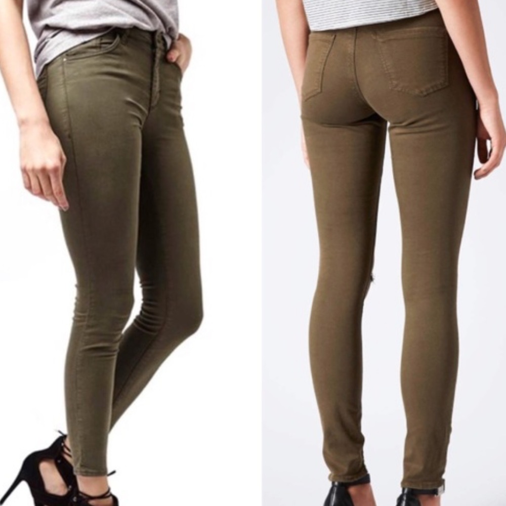 Topshop Moto 'Leigh' Skinny Olive Green Women’s Size 26 Jeans